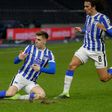Hertha Berlin forward Krzysztof Piatek (L) celebrates scoring against FC Union on Friday