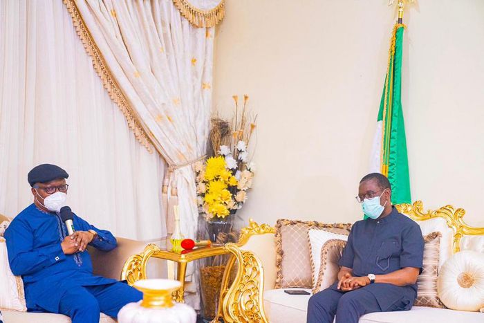 Gov Wike leads a delegation from Rivers on a condolence visit to Gov. Okowa at the Government House, Asaba on Monday, February 1, 2021.