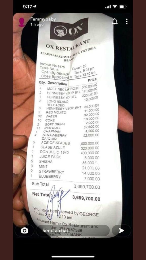 Wizkid took his friends to dinner and spent N3.6M  (Femmybaby/SnapChat)