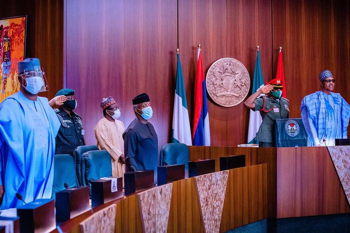 President Muhammadu Buhari presides over the fifth virtual meeting of the Federal Executive Council. [Twitter/@BashirAhmaad]