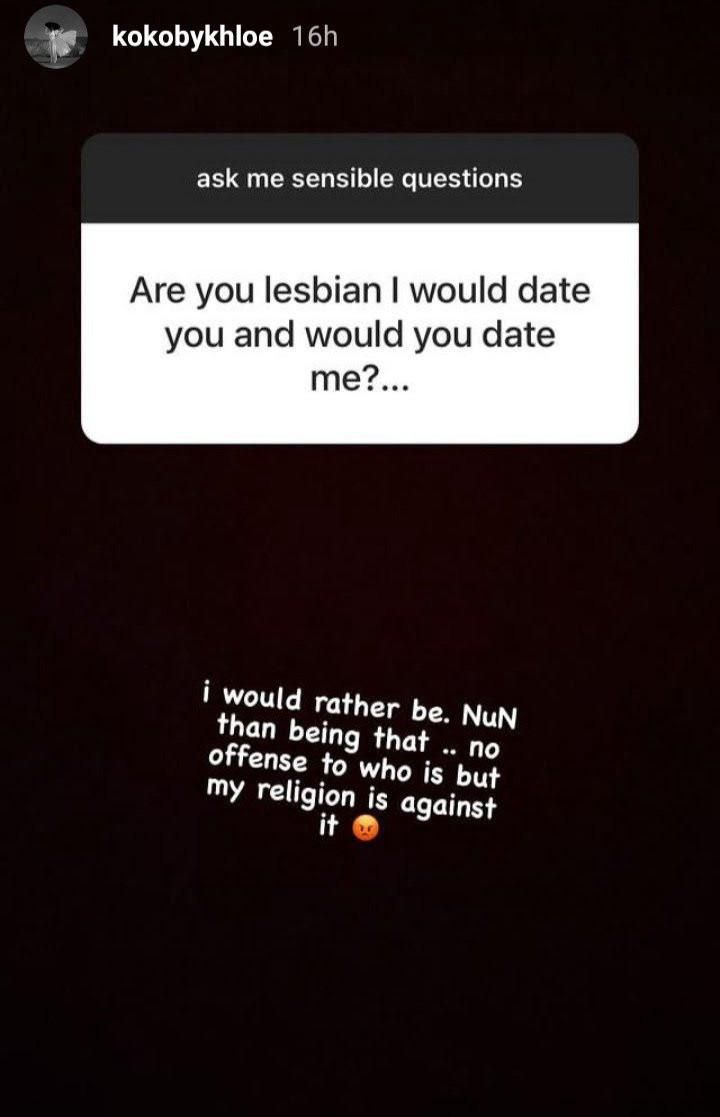 Khloe says it's against her religion and she wouldn't try it. [LIB]