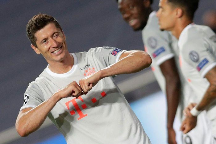 Robert Lewandowski celebrates scoring Bayern Munich's sixth goal in the 8-2 thrashing of Barcelona in Lisbon last August