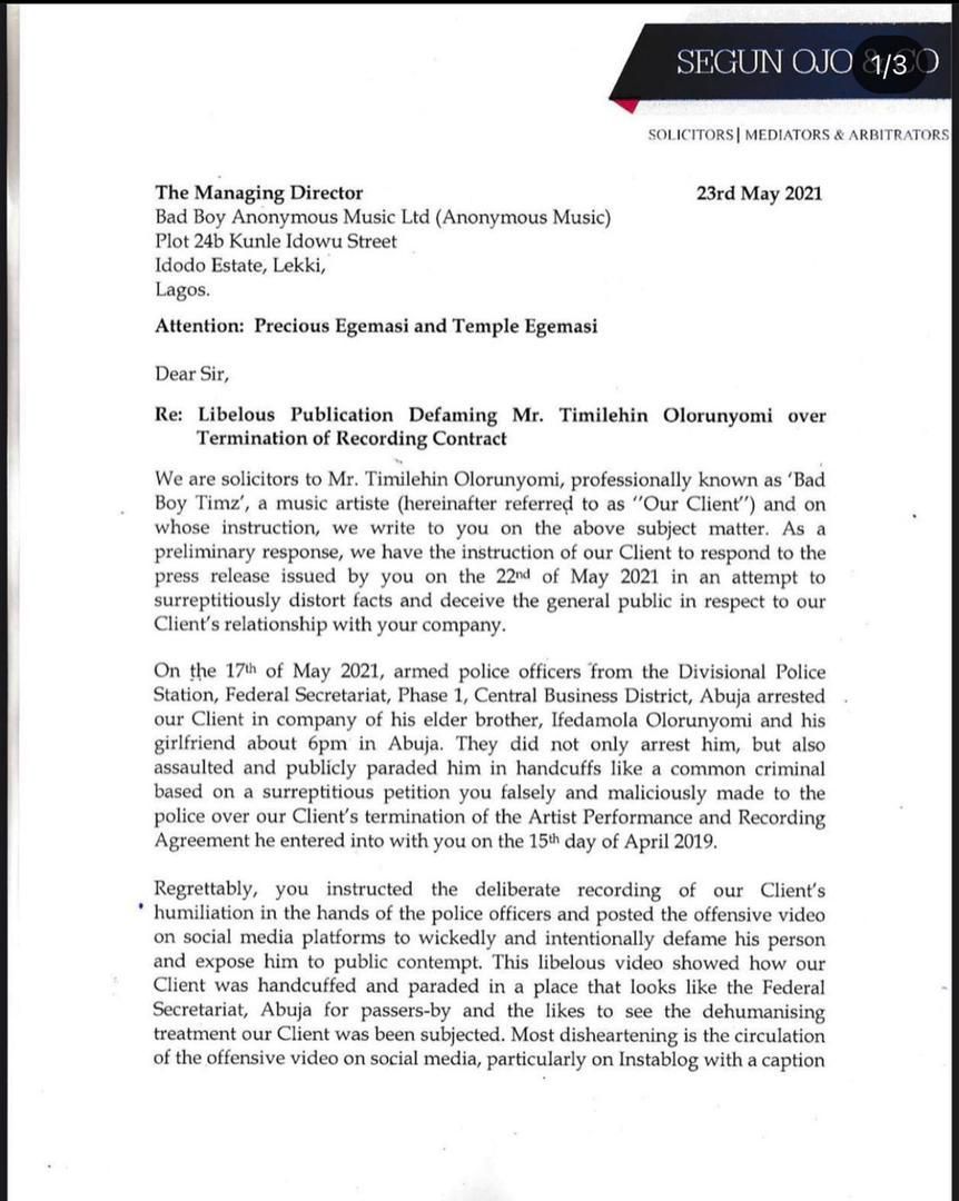 BadBoy Timz's Lawyers writer to Anonymous Music. (Seun Ojo)