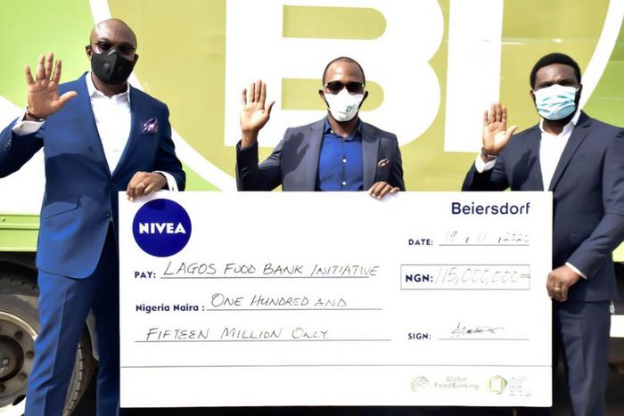 From Left: Country Manager, Beiersdorf Nigeria, Godwin Harrison; Founder, Lagos Food Bank Initiative (LFBI) Michael Sunbola; and Faizal Kayode, Beiersdorf Nigeria Shopper and Customer Marketing Manager at the presentation of Beiersdorf’s N115m donation...