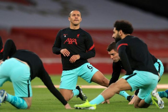 Thiago Alcantara (centre)has started both Liverpool's Champions League quarter-final legs against Real Madrid on the bench