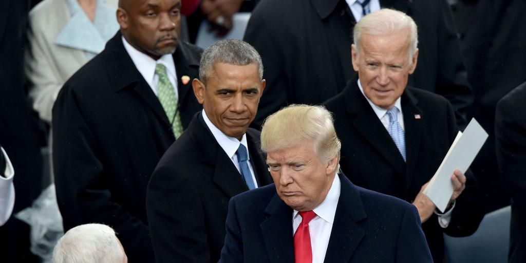 US President Donald Trump with former President Barack Obama and former Vice President Joe Biden at Trump's inauguration in 2017.