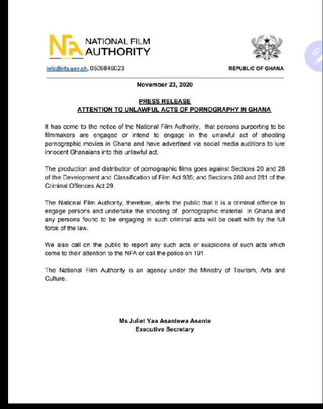 Porn acting in Ghana is unlawful - National Film Authority vows to deal with perpetrators