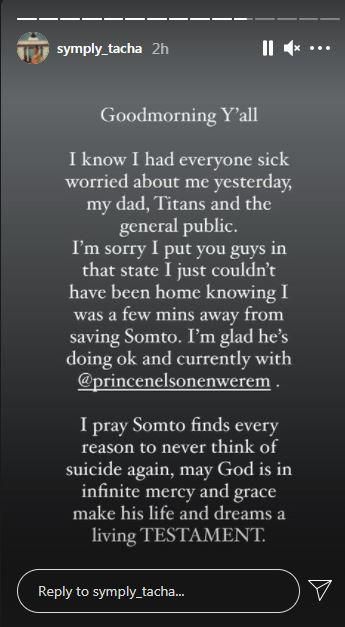 She prayed the young man finds no reason to plan a suicide attempt again. [Instagram/SymplyTacha]