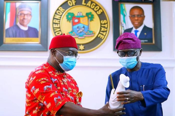 Abia State Governor, Dr. Okezie Ikpeazu (left) with Lagos State Governor, Mr Babajide Sanwo-Olu, during his courtesy visit at Lagos House, Alausa, on Wednesday, Nov. 11, 2020. [Twitter/@followlasg]