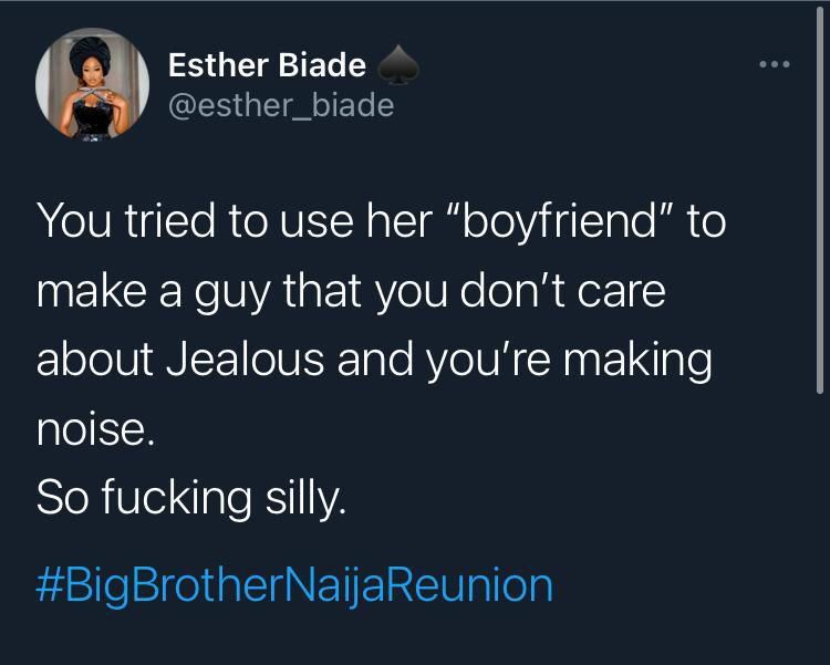 Esther slams Tolanibaj on Twitter