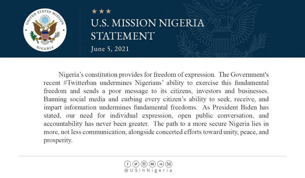 The US government condemns Twittterban in Nigeria.