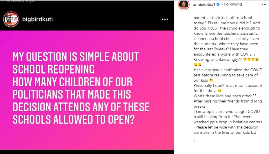 Annie Idibia questions the precautionary measures that have been taken ahead of schools reopening. [LIB]