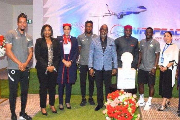from left: Tyron Ebuehi, Super Eagles star; Mrs Aishat Falode, Chairperson, Nigerian Female Football League; Nana Ama De-Man, Cabin Executive, Air Peace Ltd; Alex Iwobi, Everton FC, England; Mr Amaju Pinnick, President, Nigerian Football Federation;Ba...