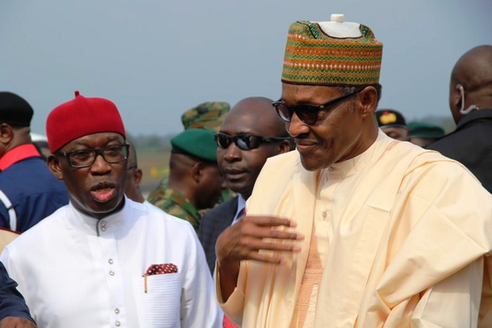 President Muhammadu Buhari and Delta state Governor, Ifeanyi Patrick Okowa. [Twitter/@BashirAhmaad]