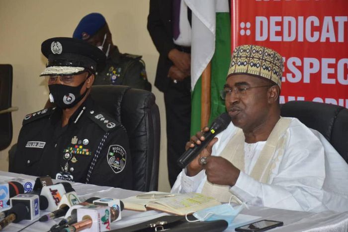 Chairman, NDLEA, retired, Brig. Gen. Buba Marwa, with the Acting Inspector General of Police, Usman Baba when he paid a courtesy visit to the Agency’s headquarters in Abuja. [Twitter/@ndlea-nigeria]
