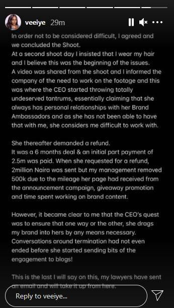 Vee narates her side of the story [Instagram/VeeIye]