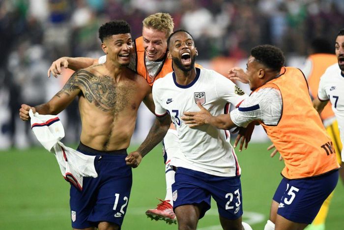 USA's Miles Robinson (left) celebrates winning the CONCACAF Gold Cup final with a 1-0 victory over Mexico in Las Vegas