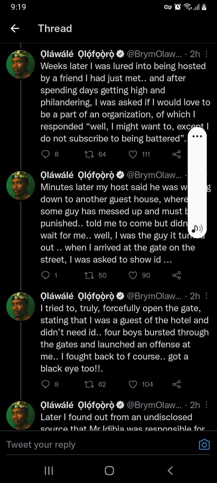 Brymo says 2Face Idibia was behind his attack at a hotel location