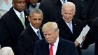 US President Donald Trump(2nd-R) shakes hand with Vice President Mike Pence(L) as former President Barack Obama and former Vice President Joe Biden(R) look on Trump's inauguration ceremonies at the US Capitol in Washington, DC, on January 20, 2017.