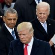US President Donald Trump(2nd-R) shakes hand with Vice President Mike Pence(L) as former President Barack Obama and former Vice President Joe Biden(R) look on Trump's inauguration ceremonies at the US Capitol in Washington, DC, on January 20, 2017.