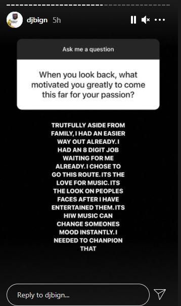 DJ Big N  says he chose music over an 8 figure job [Instagram/DJBigN]