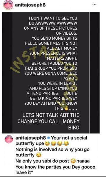 Joseph slams Lawal for not showing up at the surprise baby shower. [Instagram/AnitaJoseph]