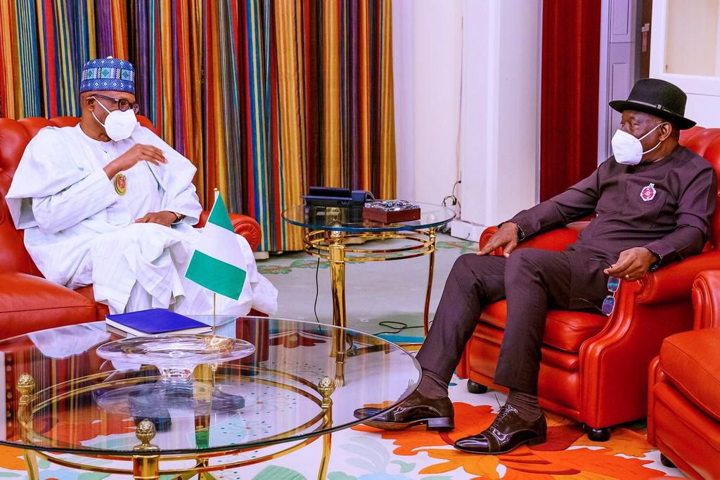 President Muhammadu Buhari receives former President, Goodluck Jonathan in Aso Rock. [Twitter/@BashirAhmaad]