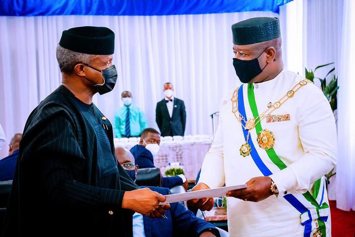 Nigeria's Vice President, Yemi Osinbajo (L) with the President of Sierra Leone, Julius Bio at the country's 60th Independence Anniversary celebration. [Twitter/@jarmari01]