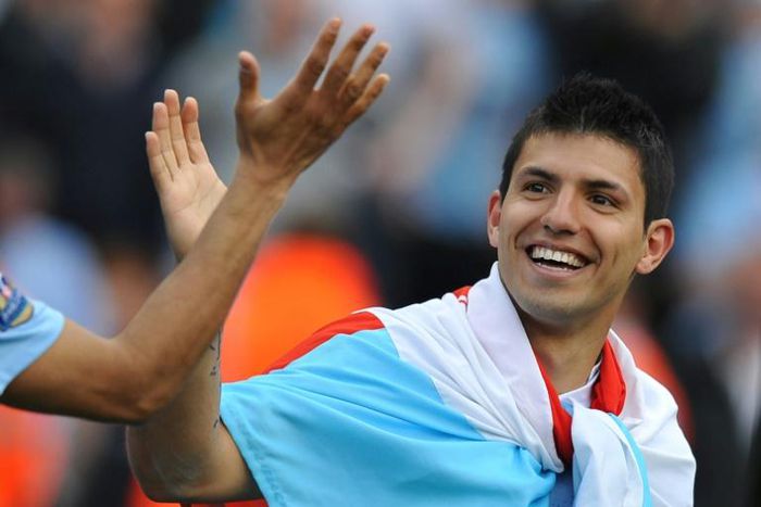 Sergio Aguero celebrates after his last-gasp goal won the 2012 Premier League title for Manchester City