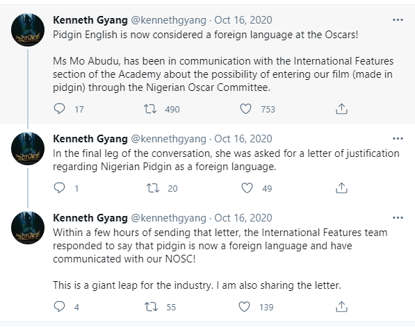 'Oloture' director Kenneth Gyang tweets confirming Mo Abudu's Academy move [Twitter/kennethgyang]