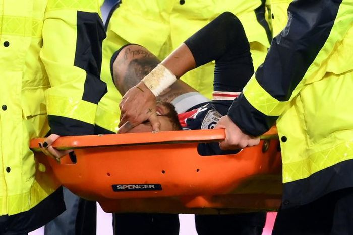Neymar was stretchered off the field in PSG's defeat to Lyon after a clumsy tackle from Thiago Mendes