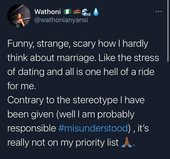 The reality TV star says marriage is the last thing on her mind. [Twitter/WathoniAnyansi]