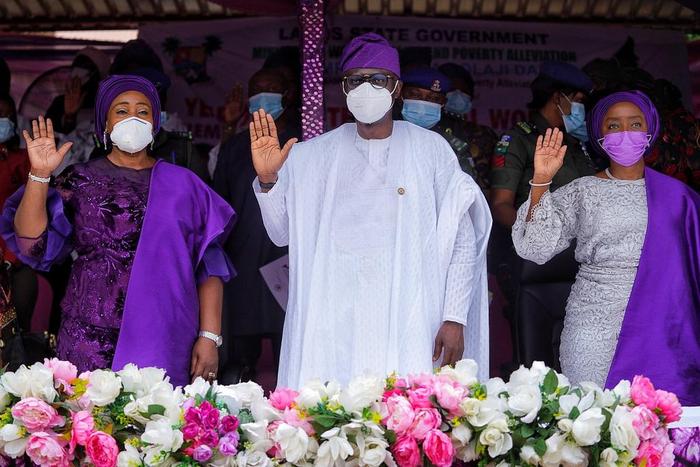 (L-R) Wife of the Deputy Governor, Mrs Oluremi Hamzat, Lagos State Governor, Gov. Babajide Sanwo-Olu and his wife, Dr (Mrs) Ibijoke, at the International Women’s Day celebration held at the Police College ground, Ikeja, Lagos on Tuesday. [Twitter/@MrJA...