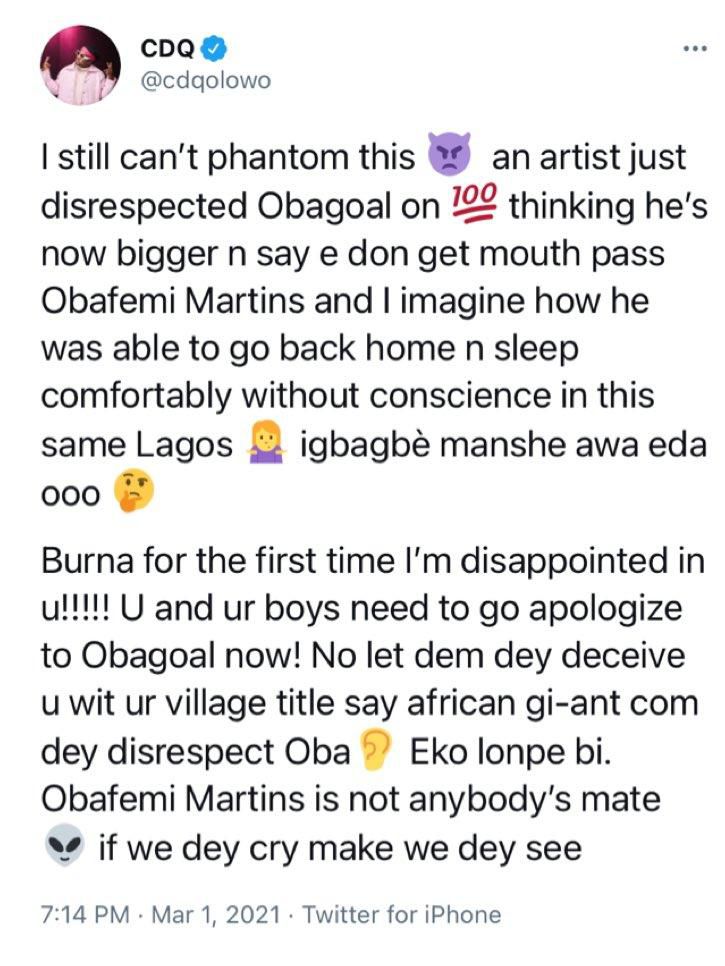 Burna Boy, CDQ, Obafemi Martins drama. (Gistblog)