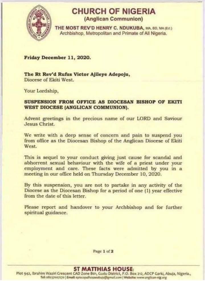 Anglican Bishop suspended for having sex with wife of junior priest