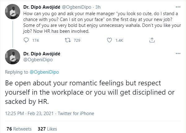 Lady loses new job after telling boss “you look so cute; do I stand a chance with you?”