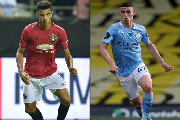 Manchester United's Mason Greenwood (L) and Manchester City's Phil Foden