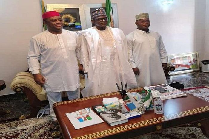 From L-R: Fani-Kayode, APC caretaker boss Mai-Mala Buni and Gov Bello on Feb 8, 2021 (APC)