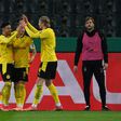 Jadon Sancho (L) celebrates his winning goal for Borussia Dortmund in Tuesday's German Cup quarter-final at Moenchengladbach