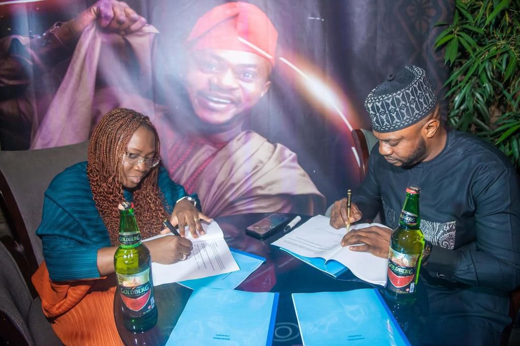 DJ Kaywise, Mr Macaroni step out to show support as Odunlade Adekola renews contract with Goldberg Lager Beer