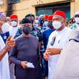 L-R: Minister of Interior Ogbeni Rauf Aregbesola, Vice President Yemi Osinbajo and Imo State Governor Hope Uzodinma visit the police facility attacked by gunmen on Monday, April 5, 2021 (Interior Ministry)