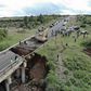A collapsing bridge and onlookers in Kenya