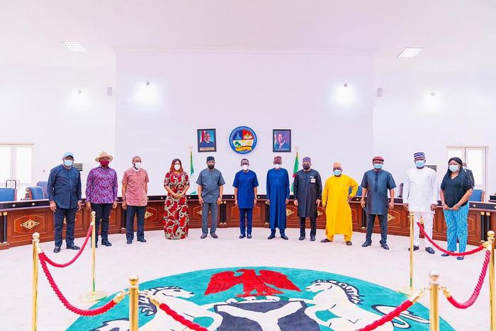 Gov Okowa of Delta State receives the Co-Chairman, National Assembly Joint Committee on Petroleum Industry Bill, Rt. Hon. Mohammed Monguno and members of the committee at Government House, Asaba.
