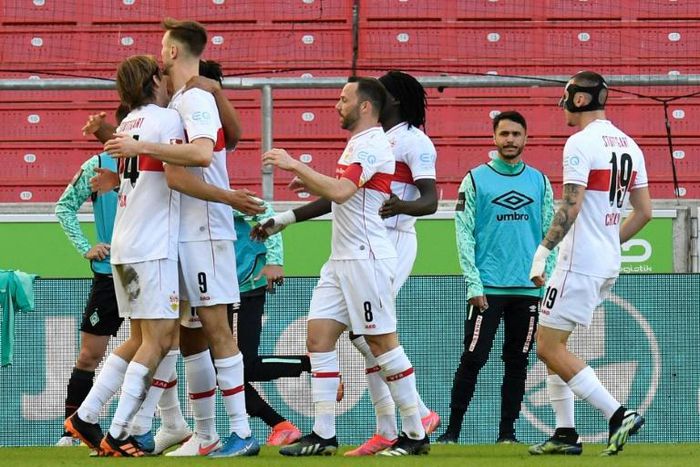 Stuttgart's players celebrate their winning goal over Werder Bremen on Sunday