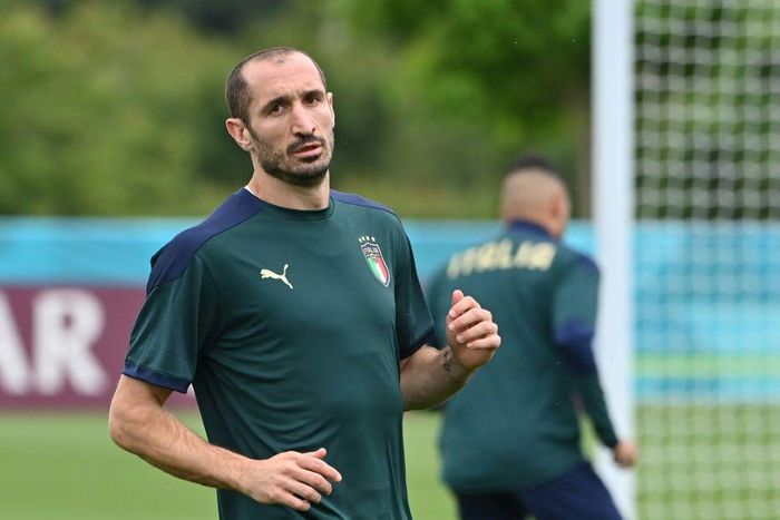 Giorgio Chiellini takes part in Italy's training session in London on Saturday