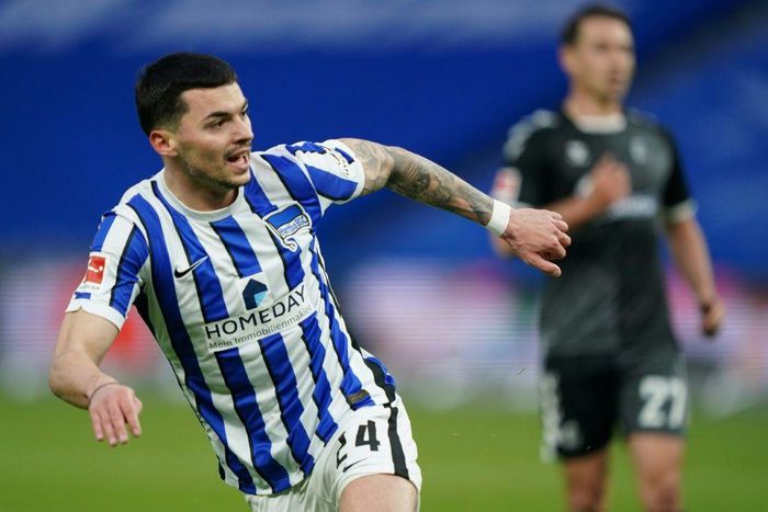 Serbian midfielder Nemanja Radonjic celebrates scoring in Hertha Berlin's 3-0 home win over Freiburg on Thursday