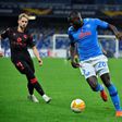 Napoli's Senegalese defender Kalidou Koulibaly (c) got the first goal after five minutes in Naples.