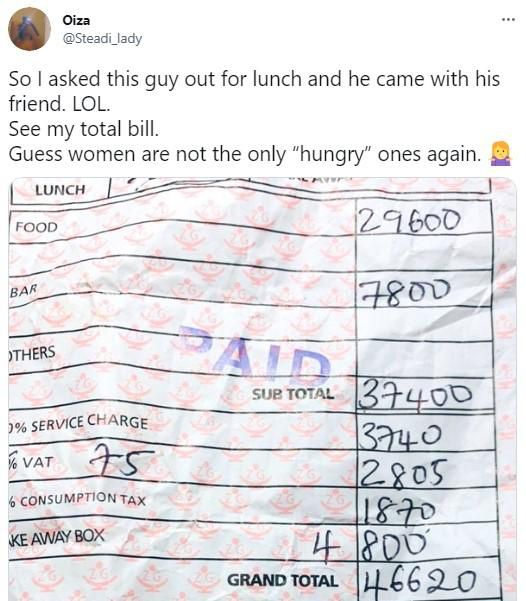“I asked this guy out for lunch & he came with a friend; see my total bill – Lady cries