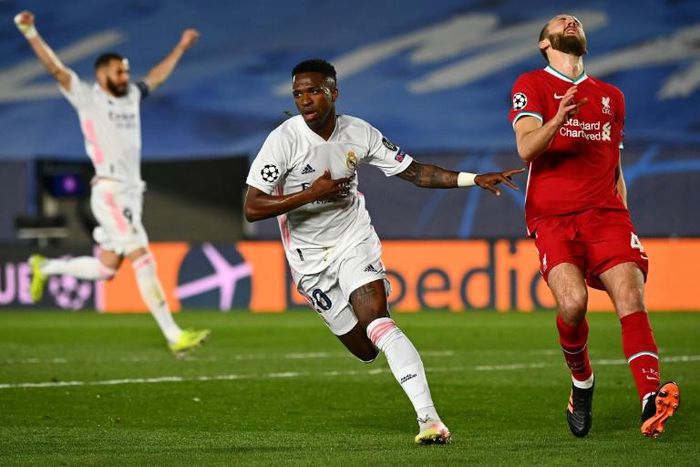 Vinicius Junior (C) put Real Madrid in a commanding position against Liverpool in their quarter-final tie
