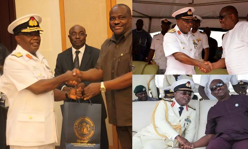An old photograph of Nyesom Wike shaking hands with Vice Admiral Ibokette Ibas (rtd), the new Rivers State administrator. [Facebook]